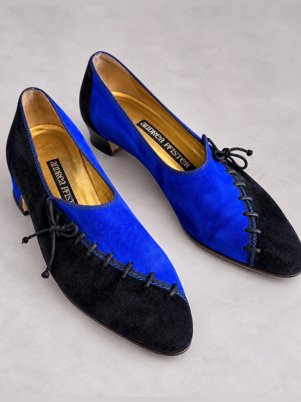 Andrea Pfister Vintage Suede Lace Up Flats Two Tone Cobalt Black Size 7